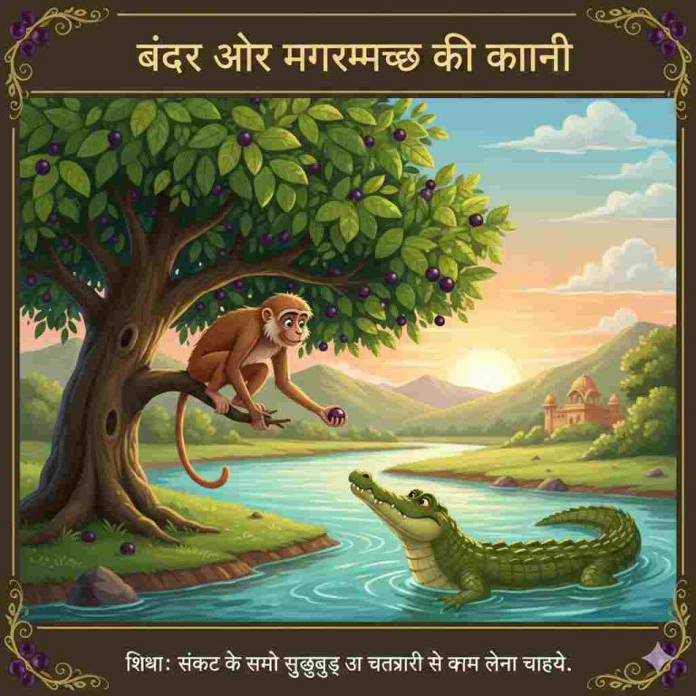 जामुन के पेड़ पर बंदर और नदी में मगरमच्छ की कहानी का चित्र
