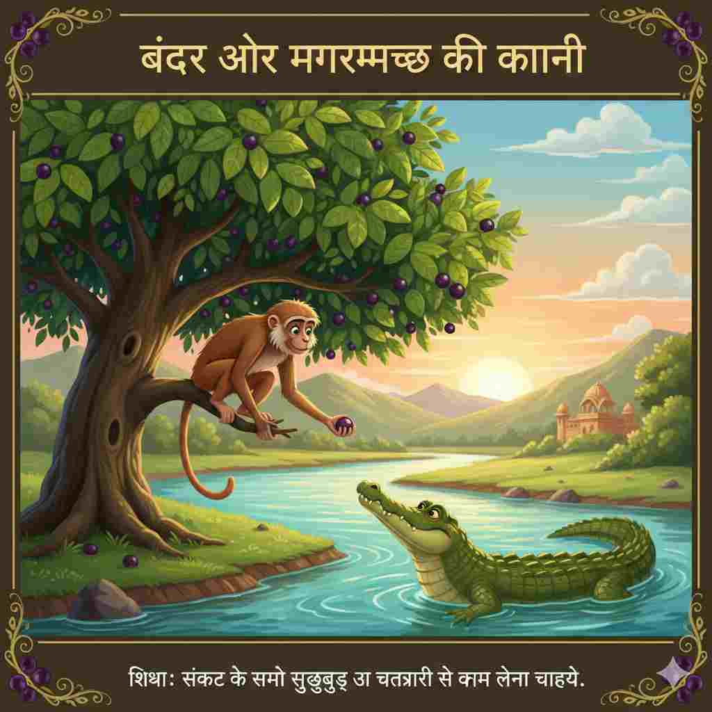 जामुन के पेड़ पर बंदर और नदी में मगरमच्छ की कहानी का चित्र